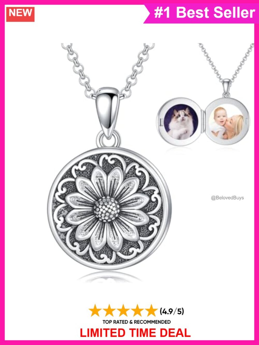 Round Locket Necklace 925 Sterling Silver Filigree Flower Photo Locket Gift for